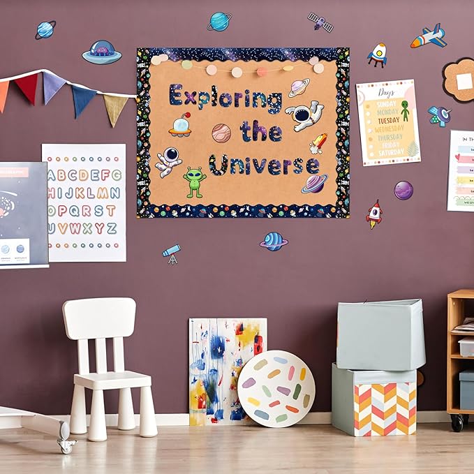 221 Pcs Space Bulletin Board Letters, Round Alphabet Number Punctuation Symbol Combo Letter Cutouts, Galaxy Classroom Decor for School Classroom Chalkboard Poster Bulletin Board Wall