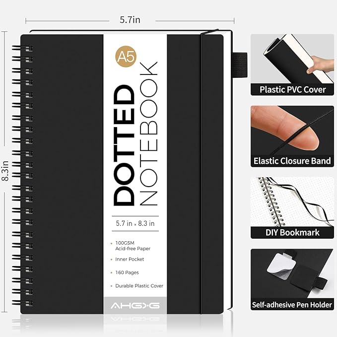 AHGXG Dotted Journal - Dot Grid Spiral Notebook A5, 160 Pages, 100 GSM Thick Paper, Waterproof Plastic Cover Journals for Bullet Journaling, Sketching, 5.7" x 8.3", Black