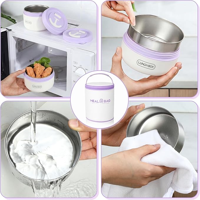 Dandat 2 Pcs Portable Insulated Lunch Containers Thermal Bento Box with Bag Fork Knife Microwavable Stainless Steel Lunch Box 15.2 oz 21 oz Separate Stackable Food Jar for Adult Men Women(Purple)