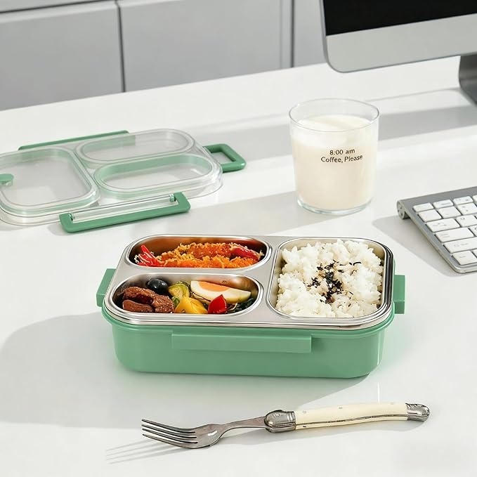 Stainless Steel Bento Box for Kids, 3-Compartment Leakproof Lunch Box with Lid, Toddler Food Container for School, Microwave Safe, Dishwasher Safe, BPA Free, 25oz(green)