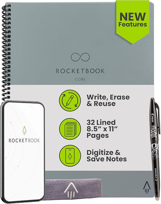 Rocketbook Core Reusable Smart Notebook, Lined Pages For School, Work and Creative Projects, Letter Size 8.5x11, Gray - Premium