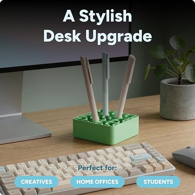 Modern Desk Pen & Pencil Holder Organizer | Unique Squiggle Design, Matte Finish, Non-Slip Rubber Feet | Stylish Office Desk Accessory & Storage for Home, Work, Classroom (Matte Green)