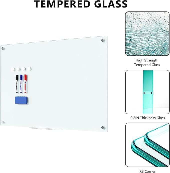 Magnetic Glass Whiteboard for Wall, 36" x 24" Large Dry Erase Board, Frameless Wall-Mounted White Board School, Classroom, Office & Home