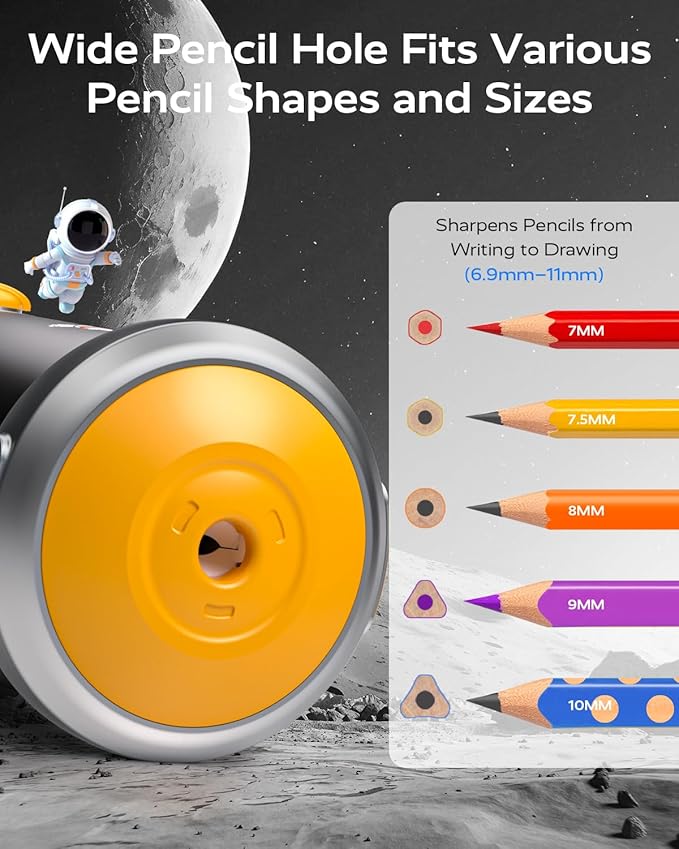 JUPITEARTH Electric Pencil Sharpener for Kids, Hands-Free, Rechargeable, Auto in & Out Spaceship Fully Automatic Pencil Sharpener Fits 6.9-11mm Colored/No.2 Pencils for Classroom Home Office (Black)