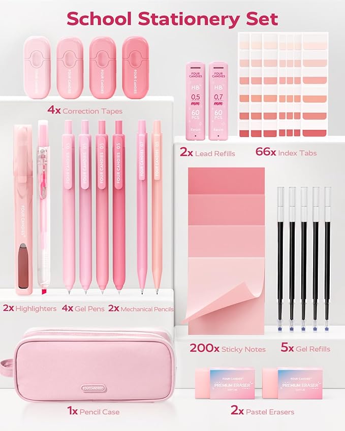 Four Candies Pink School Supplies with Case, Gel Pens with Black Ink, Correction Tapes, Pastel Highlighters, Mechanical Pencils, Sticky Notes, Index Post for Bible Study Stationary College Essentials