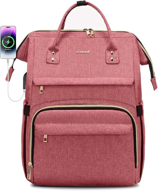 LOVEVOOK Laptop Backpack for Women,17 Inch Professional Womens Travel Backpack Purse Computer Laptop Bag Nurse Teacher Backpack,Waterproof College Work Bag Carry on Back Pack with USB Port,Light-red