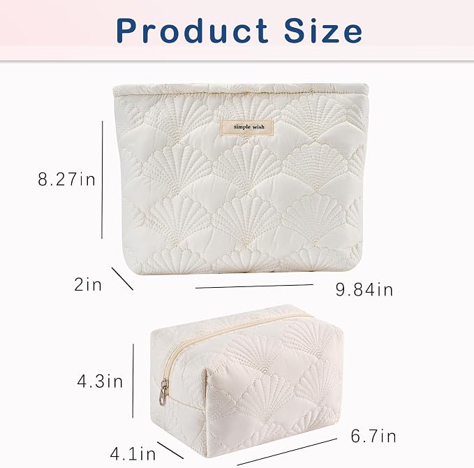 uekeboag 2Pcs White Shells Quilted Cotton Makeup Pouch Set(2Pcs) | Coquette Quilted Toiletry Bag for Women and Girls, Floral Coquette Organizer Bag, Aesthetic Travel Cosmetic Bags