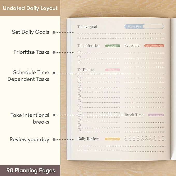 Notcoy Undated Daily Planner and Notebook, Aesthetic Hardcover Productivity Planner with To-Do List, Habit Tracker, Weekly & Monthly Views - Teacake