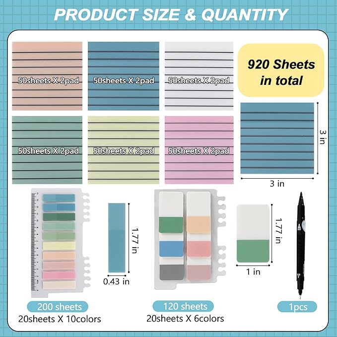 Vuzvuv 920 Sheets Transparent Line Clear Sticky Notes with Pen,3x3 Inch Bulk Translucent Sticky Notes Set for Bible Tabs, Book Tabs, Office School Supplies(Morandi Line Colors)