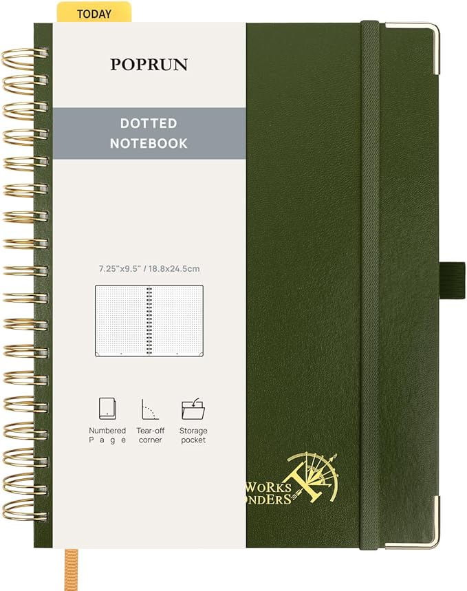 POPRUN Dotted Journal Spiral Notebook, B5-7-1/4 x 9-1/2", 220 Pages, 120 GSM Dot Grid Notebooks, Hardcover Spiral Journals for Writing Journaling Drawing Women Men Work School, Olive