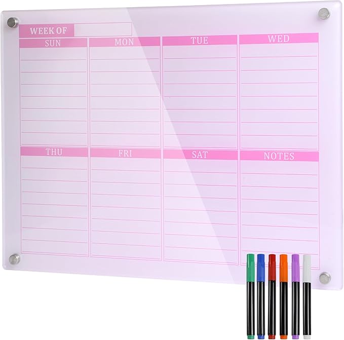 Thickened Acrylic Weekly Dry Erase Board Calendar Planner Whiteboard for Wall,16''x12''-Small,Pink Weekly Planner Whiteboard Schedule Management,6 Markers,1 Wipes,for Home Office-PGZL3040