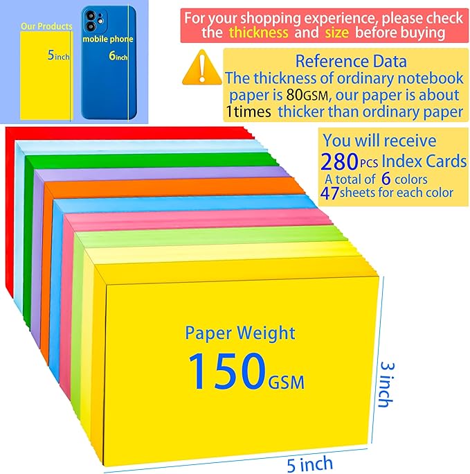 280Pcs Blank Colored Index Cards 3x5 Inch Flash Cards, Note Card Flashcards, Colorful Blank Card Pad Index Note Books 3 x 5 Notecards for Studying School Supply College Office