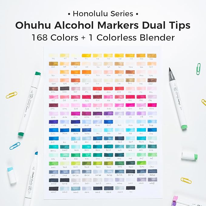 Ohuhu Alcohol Markers Brush Tip - 168-color Art Marker Set Double Tipped Alcohol-based Markers for Artist Adults Coloring Illustration- Brush & Chisel - Honolulu - Refillable Ink