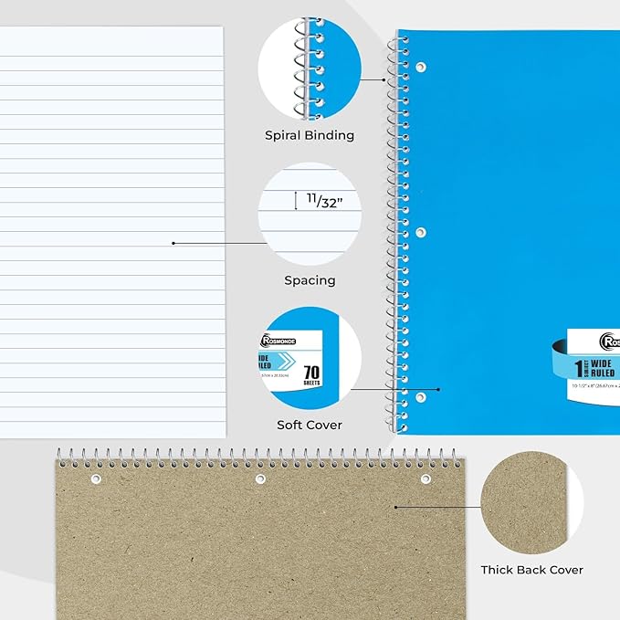Rosmonde 720 Packs (Pallet) 1 Subject Notebooks, Wide Ruled, Pallet of Notebooks, 70 Sheets (140 pages), 8 x 10-1/2", Spiral Notebook Bulk, Bulk Spiral Notebooks for School & Office, 4-7 Days Transit