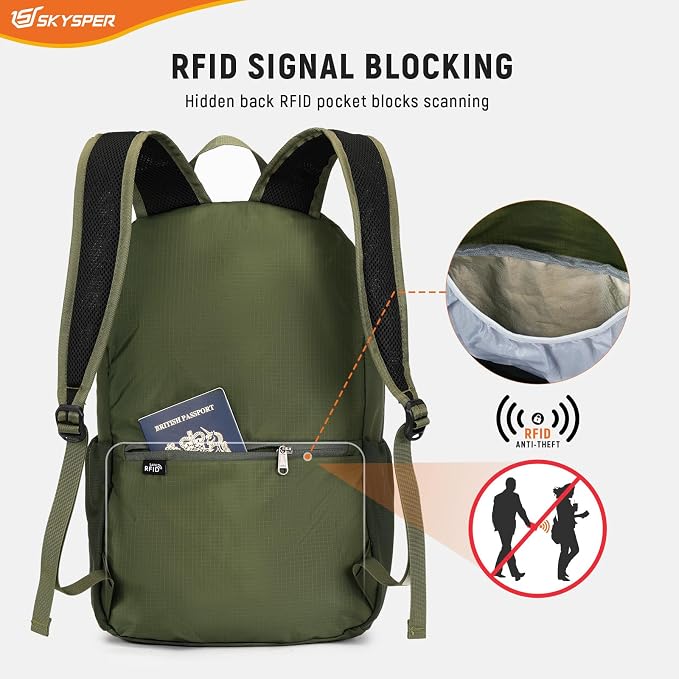 SKYSPER Small Packable Hiking Backpack 20L Anti-theift Travel Daypack | RFID Ultralight Foldable Walking Backpack with Water Bottle Holder, Nylon, Multi-compartment, Everyday Carry for Men Women
