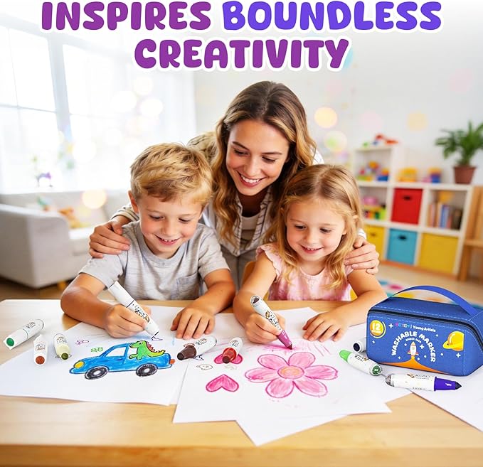 Betem Scented Washable Markers for Kids 12 Colors Stamp Markers for Toddlers, Non Toxic Water-based Dual Tip Marker Set for Kids, Coloring Markers for Classroom Art Supplies with Portable Bag
