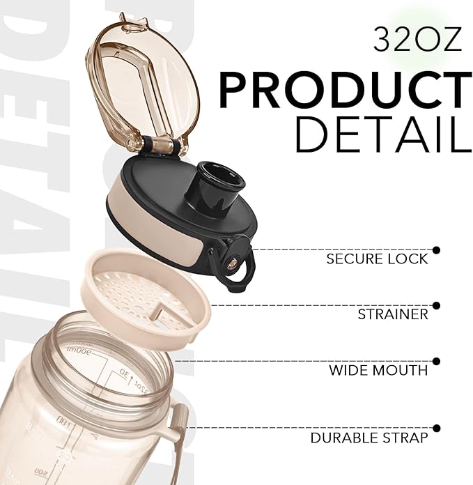32oz Water Bottle with Time Marker, Motivational Drinking Bottle with Strap, BPA-Free Leak-Proof, Encouraging Water Bottle Time to Drink Water for Gym School Office Travel