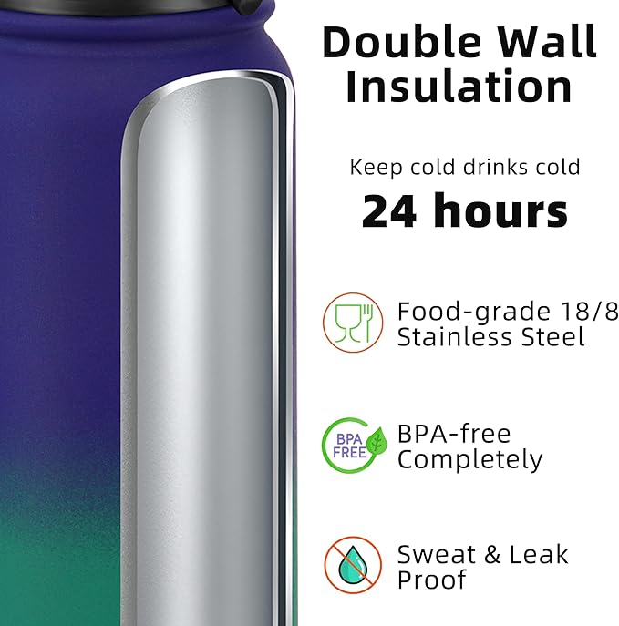 Fanhaw 20 Oz Kids Insulated Stainless Steel Water Bottle with Straw Lid, Leakproof & Anti-Dust Everyday Use Bottle for School, Women & Men, Back to School Essentials (Purple Green)