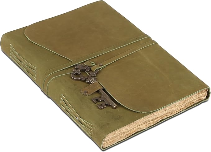 Leather Journal with Deckle Edge Paper 8x6 inch and Vintage Key | Handmade Writing Notebook Diary | Bound Daily Notepad for Men & Women Medium, Sketch/Writing pad for Artists