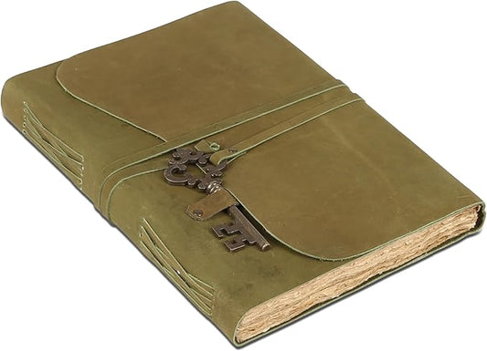 Leather Journal with Deckle Edge Paper 8x6 inch and Vintage Key | Handmade Writing Notebook Diary | Bound Daily Notepad for Men & Women Medium, Sketch/Writing pad for Artists