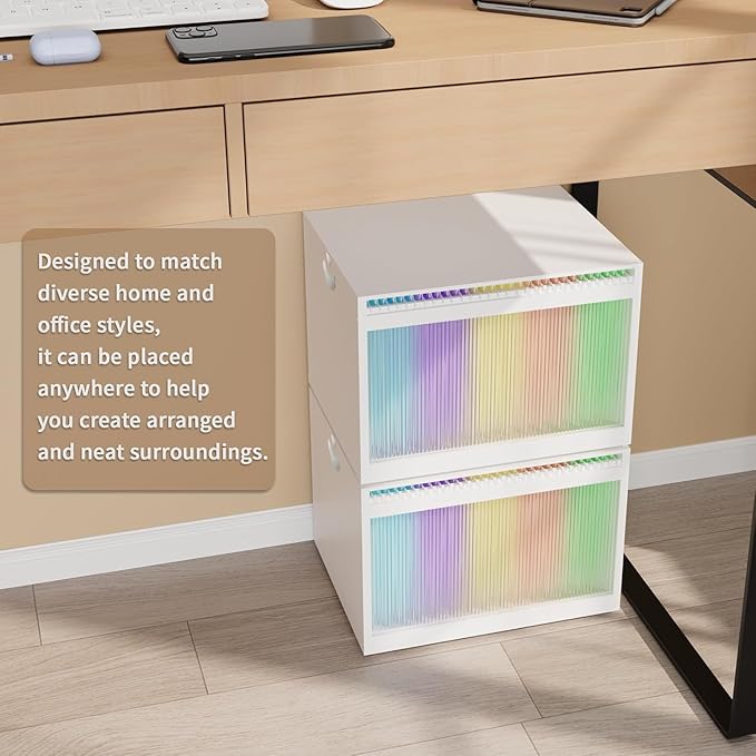 Bamboo Hanging File Boxes with Lids 2 Pack, File Organizer Box for Letter/Legal File, File Box with Hanging Folders Acrylic Light Easy Assembly File Storage Boxes for Office Home, White