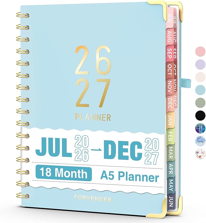 Jul 2026 - Dec 2027 Planner, Forvencer 18 Month Academic Planner 2026-2027, 6.3" x 8.4", Calendar Planner Weekly and Monthly, Daily Agenda Book, College School Supplies for Student Teacher, A5, Blue
