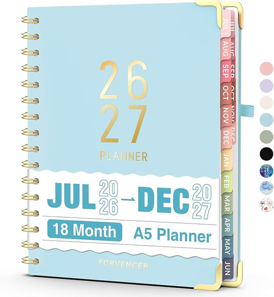 Jul 2026 - Dec 2027 Planner, Forvencer 18 Month Academic Planner 2026-2027, 6.3" x 8.4", Calendar Planner Weekly and Monthly, Daily Agenda Book, College School Supplies for Student Teacher, A5, Blue