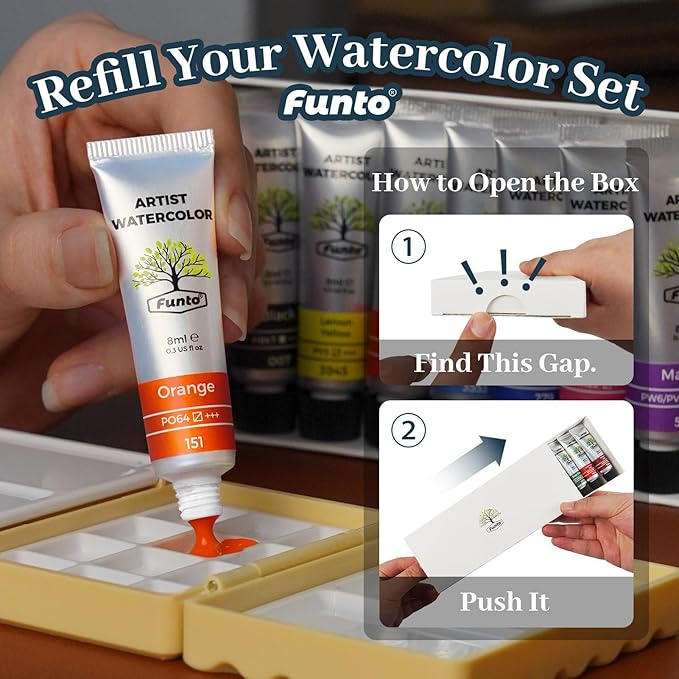 Funto Watercolor Paint, 12-Color Tube Refills – 8 ML Each, Professional Water Color Tubes for Travel, Painting & Creative Projects – Watercolors Painting Supplies for Artists, Beginners, Lovers