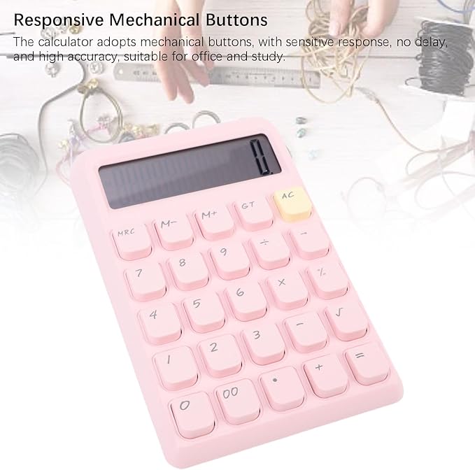 GLOGLOW Solar Power Calculator, ABS Material, 12 Digits Large LCD, Tactile Buttons, Great for Office Study and School Use (Pink)