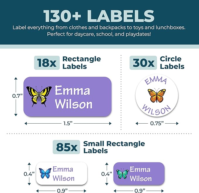 Bunny Badges Personalized Daycare Name Labels for Kids (130 Labels) - Custom Waterproof Name Stickers for Clothing Tags, Water Bottles, Lunch Boxes and School Supplies (Butterflies)