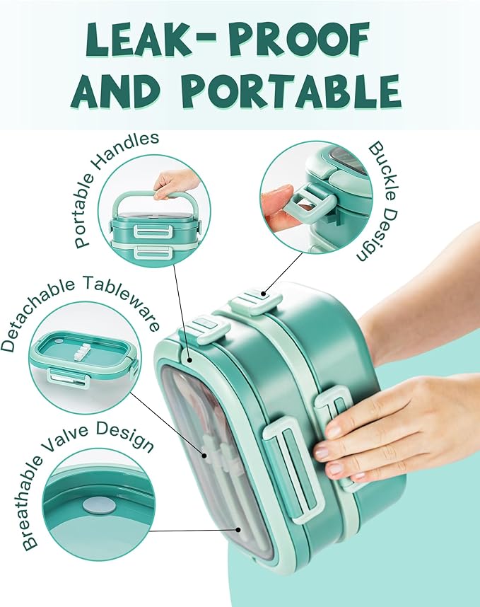 Lille Home Stackable Lunch Box, 2 Tier Stainless Steel Bento Lunch Box, 56oz Large Capacity Leakproof Lunch Containers, 4-Compartment Lunch Box with Utensils for Meal Prep, Work, Picnic(Green)