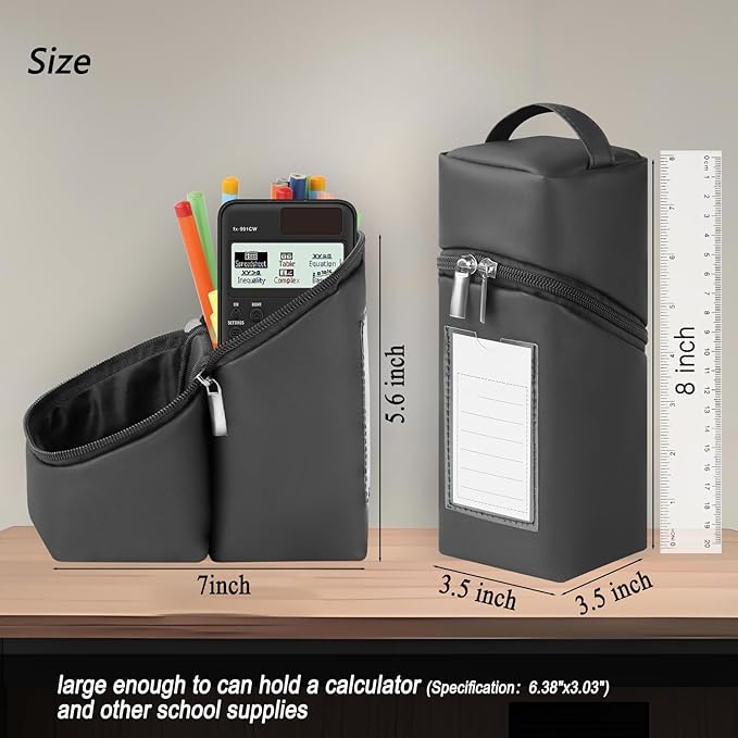 Standing Aesthetic Pencil Case Pouch Large Capacity Preppy,Double Zipper with Handle Multi Compartments Organizer,Black