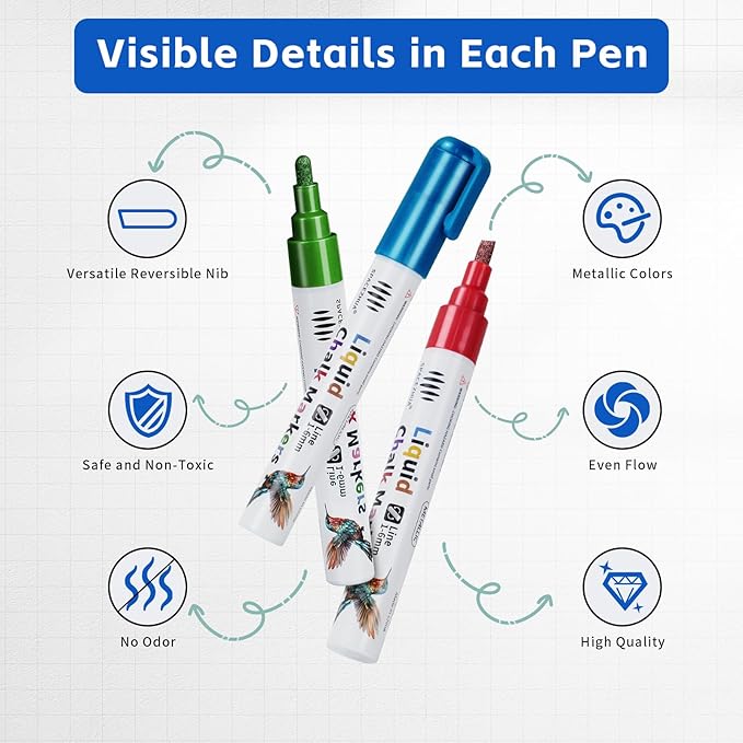 Liquid Chalk Markers with 6mm Reversible Tips 8 Colors Metallic Chalk Markers for Mirror Glass Window Cars, Blackboard Whiteboard Chalkboard, Dry - Wet Erase Pens