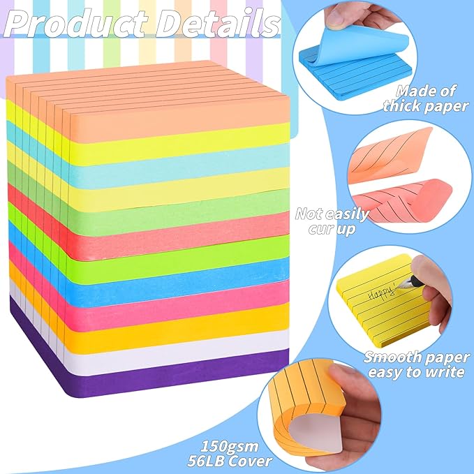 60 Pads Round Corner Lined Sticky Notes 3x3 in Post, 12 Bright Colors Self-Stick Note Pads it, Strong Adhesive Paper Memo Pads, 75 Sheets/Pad, Colored Note Pad Easy to Post for Home, Office, Notebook
