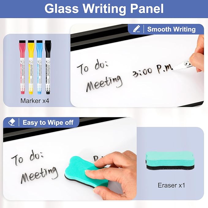 DOLLAR BOSS 12''x7'' Glass Desktop Whiteboard Small Dry Erase Board with Storage Drawer Computer Keyboard Stand Desk Organizer Office Accessories School Supplies with 4 Markers, Black