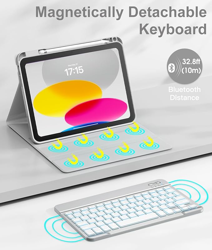 Hamile for iPad 11th 10th Generation Case with Keyboard - 7 Colors Backlit Wireless Detachable Folio Keyboard Cover with Pencil Holder for iPad A16 11-inch 2025 10th Gen 10.9 Inch 2022 (Light Gray)