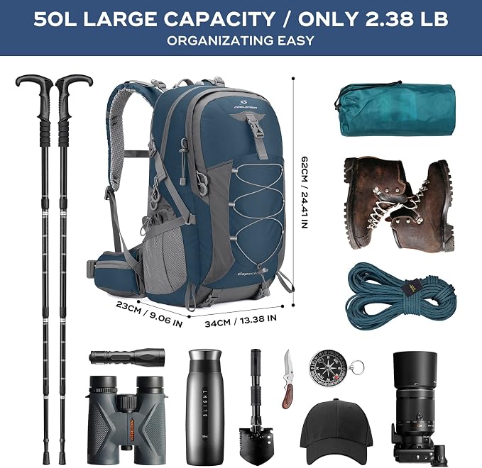 Maelstrom 50L Hiking Backpack, Lightweight Camping Daypack with Rain Cover | Water-Resistant Rip-Stop Nylon, Wet/Dry Separation, Multi-Pockets, Survival Whistle. Ideal For Men, Women, Travel, Trekking