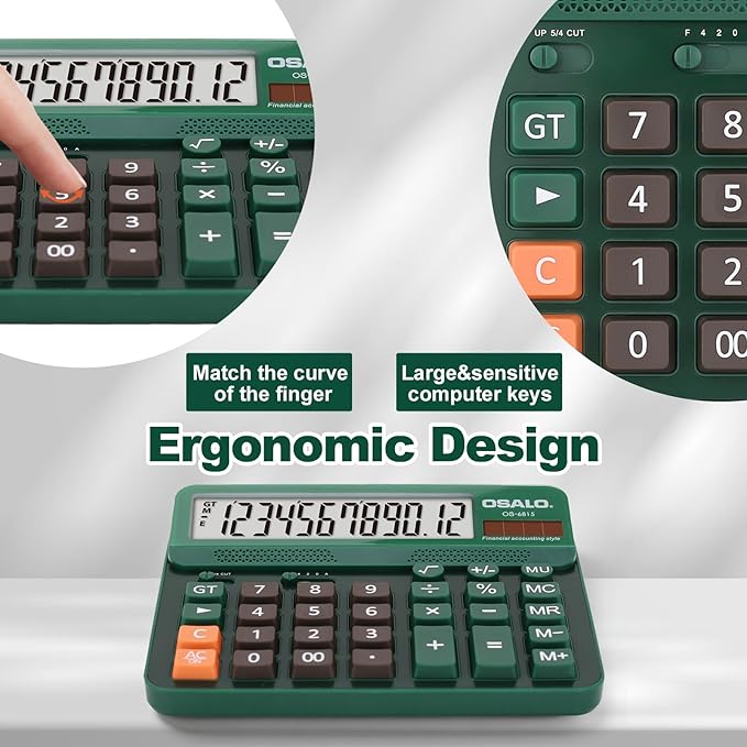 Pendancy Desk Calculator Large Display, 5in LCD 12-Digit, Large Button Calculators Desktop for Accounting, Battery Solar Powered, Rounding Mode & Decimal Places, for Office Business & Home(OS-6815)