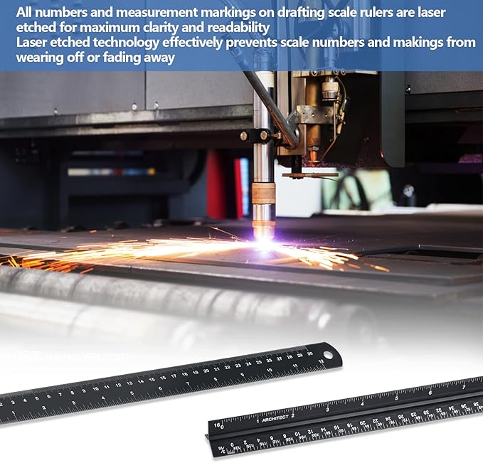Architectural Scale Ruler with Straight Ruler, 12 Inches Imperial Measurements, Blcak Laser-Etched Aluminum Architect Triangular Ruler for Architects, Engineers, Architects, Students and Draftsman