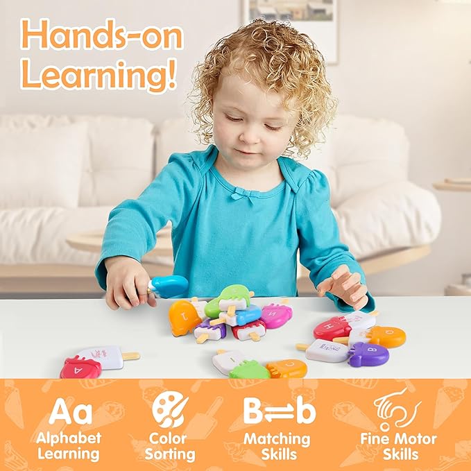 USATDD ABC Alphabet Learning Toys Alphabet Popsicles Animal Matching Toy Uppercase Lowercase Preschool Learning Activities Montessori Toys Gifts for Kids Toddlers, 52 Pcs