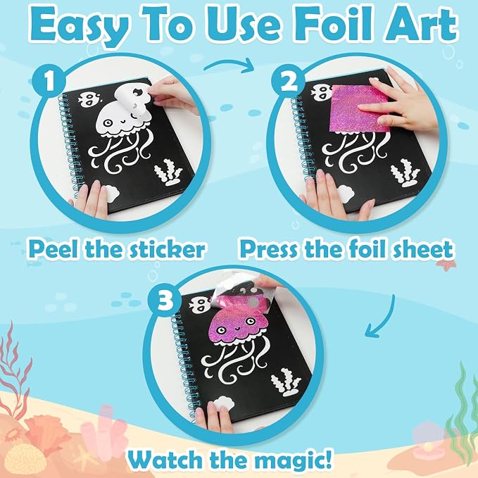 FUNNYB&G Foil Art Craft Kit for Kids 4-10 Years Old: Mess-Free & No-Glue, Create 16 Sparkly Ocean Pictures – Perfect Travel Toy & Birthday Gift for Kids (Ocean)