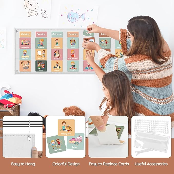 Large Visual Schedule for Kids Chore Reward Chart,Bedtime Routine Chart for Toddlers,Double Side Schedule Board with 109 Cards for Home School Planner,Autism Learning Materials (White)
