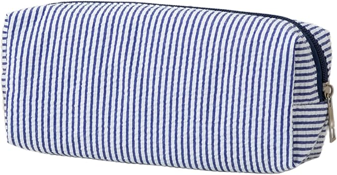 Cute Pencil Case, Seersucker Pencil Bag Desktop Stationery Finishing Large Capacity Embroidery Striped Travel Storage Bag, Multifunctional Cosmetic Pouch(Navy Blue)