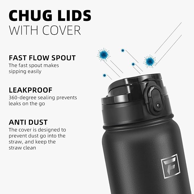 Fanhaw 32 oz Insulated Stainless Steel Water Bottle with Anti-Dust Chug Lid, Leakproof Vacuum Sports Bottle for Kids, Teens & Adults, Back to School Essentials (Black)