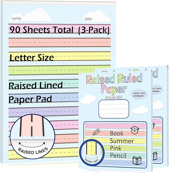 3 Pack 8.5"×11" Raised Lined Writing Paper Pad for Practice 0.65" Spacing Tactile Handwriting Paper Letter Size Multi-Color Write Beginner Paper for Kids ADHD Dysgraphia Kindergarten 30 Sheets/Pad