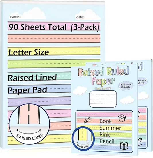 3 Pack 8.5"×11" Raised Lined Writing Paper Pad for Practice 0.65" Spacing Tactile Handwriting Paper Letter Size Multi-Color Write Beginner Paper for Kids ADHD Dysgraphia Kindergarten 30 Sheets/Pad