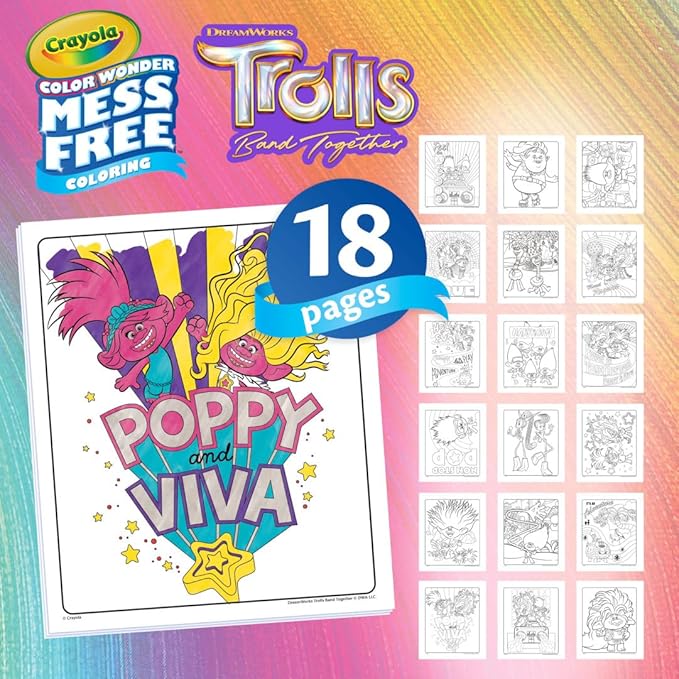 Crayola Trolls 3 Color Wonder Activity Set, Trolls Mess Free Coloring Pages for Toddlers, Travel Activity, Troll Toys, Toddler Gifts