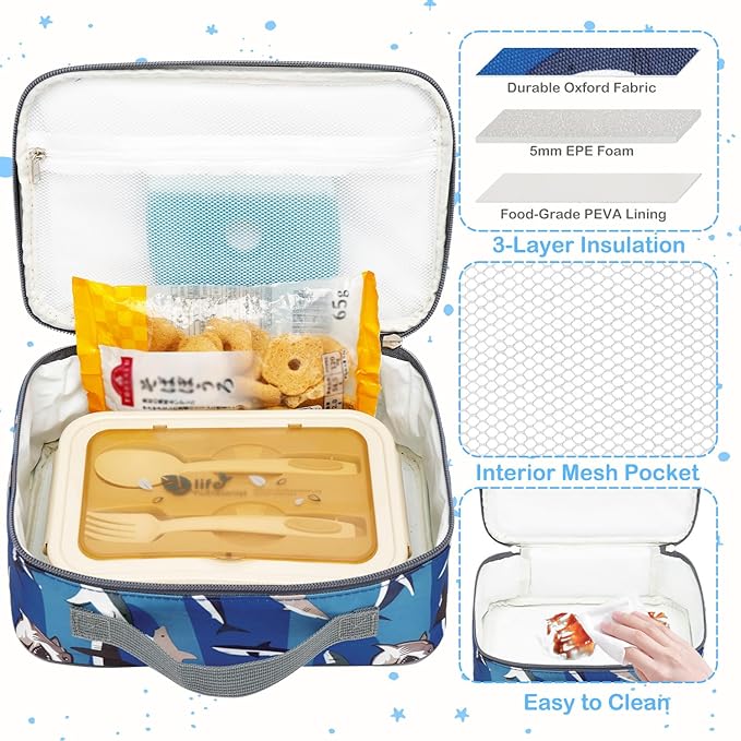 FlowFly Kids Lunch box Insulated Soft Bag Mini Cooler Back to School Thermal Meal Tote Kit for Girls, Boys, Shark