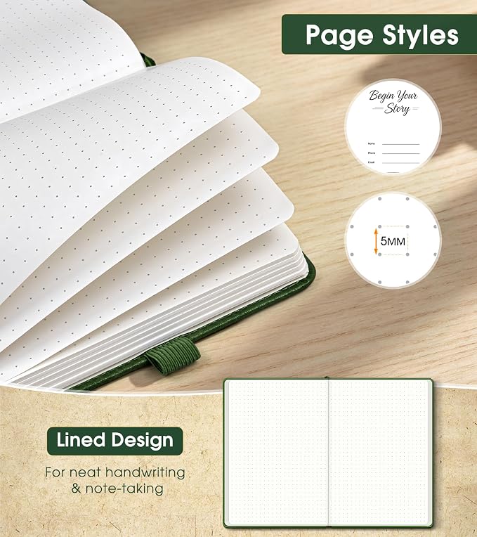 Dotted Journal Notebook, A5 Leather Hardcover, 160 Pages, 180° Lay-Flat Binding, 100 GSM Thick Paper, Dot Grid for Bullet Journaling, Planning & Daily Organization (Green)