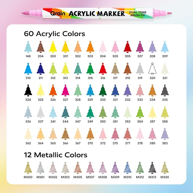 Qrain Acrylic Paint Markers Set, 72 Colors, Dual Tips (Brush & Fine), Water-Based Acrylic Markers for Rock, Wood, Glass, Fabric, Ceramics & DIY Crafts